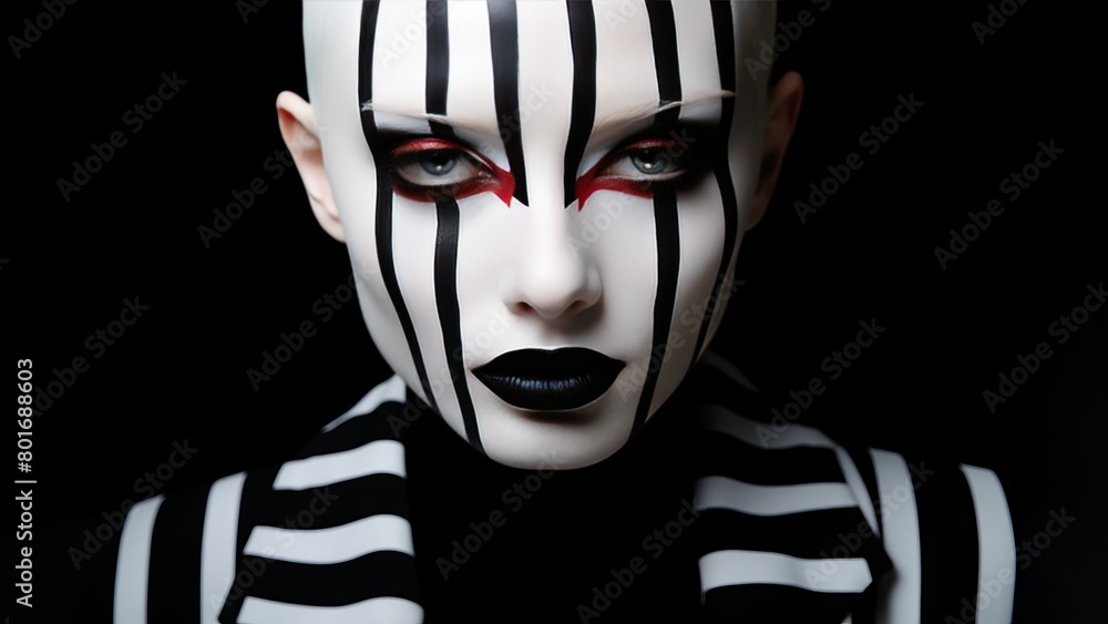 The models intricate black and white face paint with bold red accents evokes a mime or circus performer. The striking makeup against the dark background creates a captivating and theatrical look. The models intricate black and white face paint with bold red accents evokes a mime or circus performer. The striking makeup against the dark background creates a captivating and theatrical look.