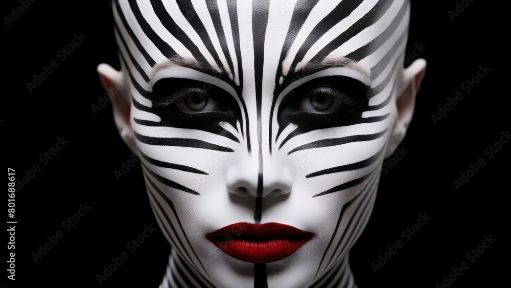 A fashion-forward female model showcases an eye-catching face paint design inspired by zebra stripes. Her bold red lips add a touch of glamour to this striking and creative look. A fashion-forward female model showcases an eye-catching face paint design inspired by zebra stripes. Her bold red lips add a touch of glamour to this striking and creative look.