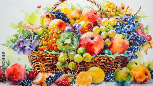 A beautiful watercolor painting of a wicker basket overflowing with fresh, ripe fruit.