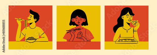 Set of people with food. Men and women eating pasta, pizza, soup, sushi. Cartoon flat vector collection isolated on white background. Hungry people eat food at table for breakfast, lunch or dinner