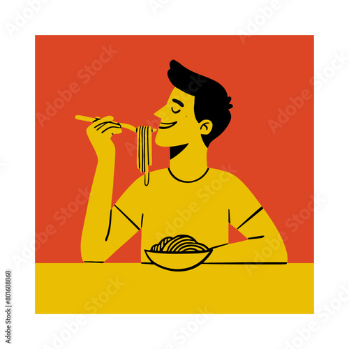 Man eats spaghetti or pasta ordered from italian restaurant and enjoys long-awaited dinner. Young guy eats appetizing dish. Cartoon flat vector isolated trendy illustration