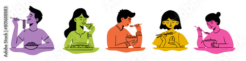 Set of people with food. Men and women eating pasta, pizza, soup, sushi. Cartoon flat vector collection isolated on white background. Hungry people eat food at table for breakfast, lunch or dinner 