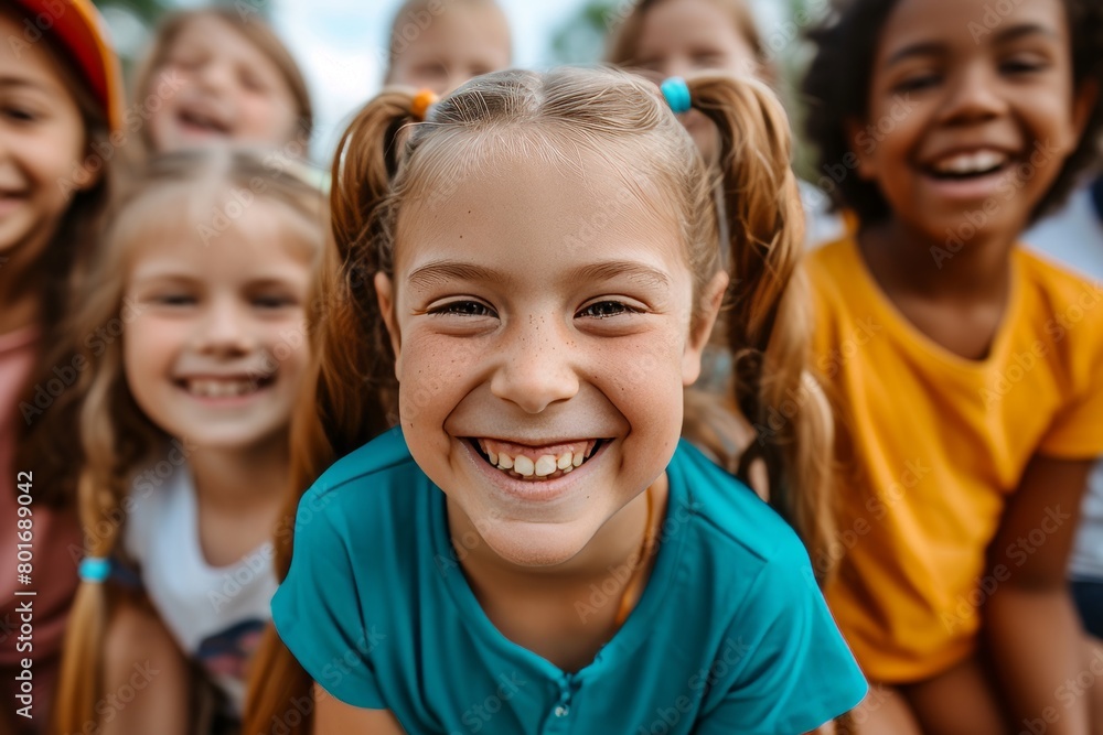 Close up portrait of a smiling little girl with her friends in the background Close up portrait of a smiling little girl with her friends in the background
