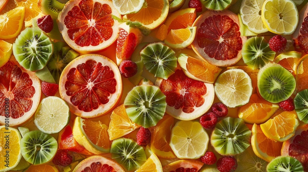 A variety of citrus fruits, kiwi, and strawberries are arranged in a colorful pattern.
