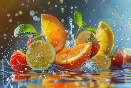 A photo of orange slices  lemon slices and strawberries in water with a splash.