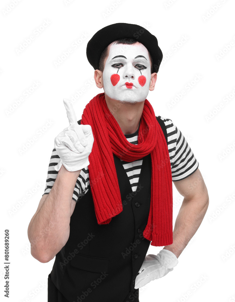 Funny mime artist gesturing on white background