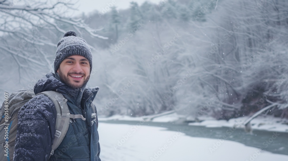Snowy Smiles: A Man Wearing a Red and Black Hat and Black Jacket, Beaming in the Winter Wonderland. Snowy Smiles: A Man Wearing a Red and Black Hat and Black Jacket, Beaming in the Winter Wonderland.
