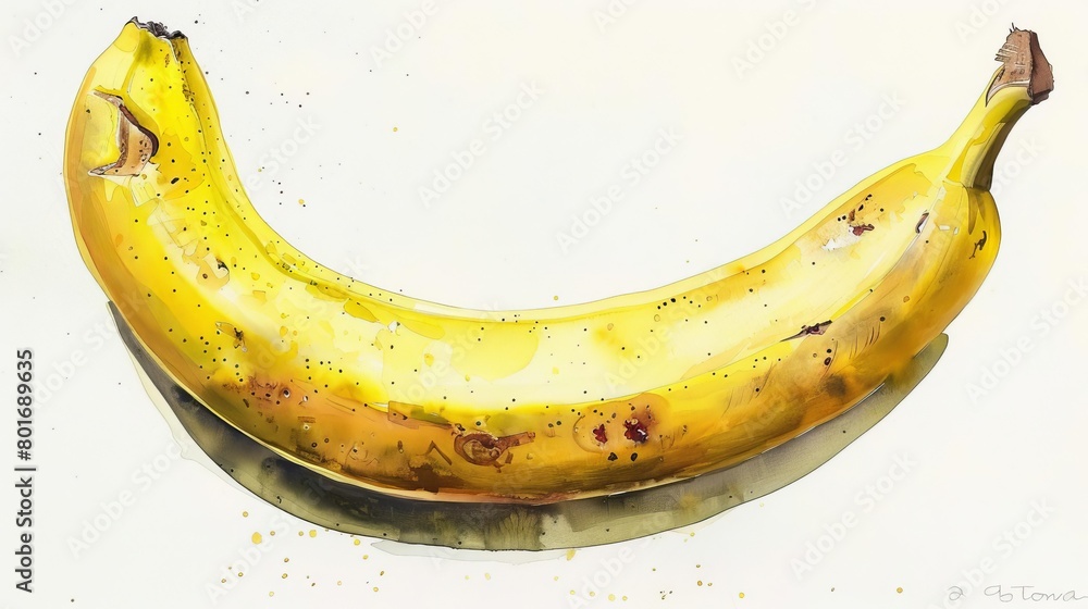 Capture a high-angle view of a ripe, vibrant banana, showcasing intricate details with a mix of bright yellows and deep shadows Convey a sense of freshness and simplicity using watercolor techniques