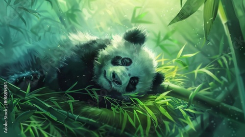 Capture a high-angle view of a playful panda lounging on a bed of vibrant green bamboo, under soft filtered sunlight Emphasize the pandas fluffy fur and soulful eyes Utilize watercolor effects for a d