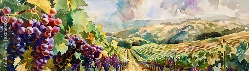 Capture a mesmerizing birds-eye view of a vineyard, showcasing lush, ripe grapes in varying shades of purple and green amidst rolling hills and a serene sky Utilize vibrant watercolors to evoke a sens
