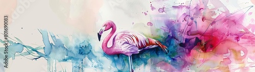 Capture the elegance of a flamingo in a high-angle view  emphasizing its graceful silhouette against a serene background using vibrant watercolors to evoke a sense of tranquility and beauty