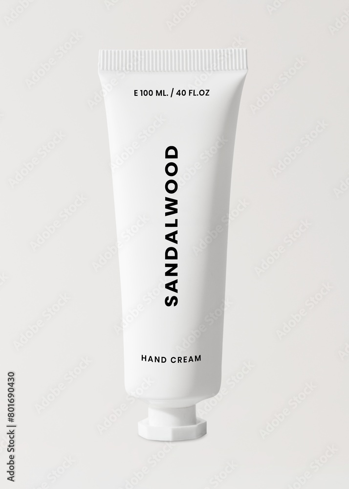 Sandalwood hand cream, white tube, simple skincare packaging design Sandalwood hand cream, white tube, simple skincare packaging design