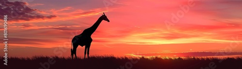 Capture the majestic silhouette of a giraffes rear view against a vibrant sunset, showcasing its graceful long neck and distinctive patterns in a photorealistic digital painting