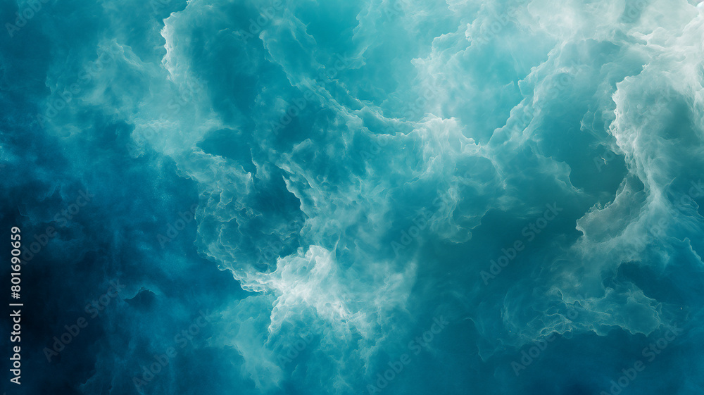 Aerial view of turbulent ocean waters, capturing the ethereal beauty of swirling blue tones and white sea foam, creating an abstract and dreamlike visual texture.