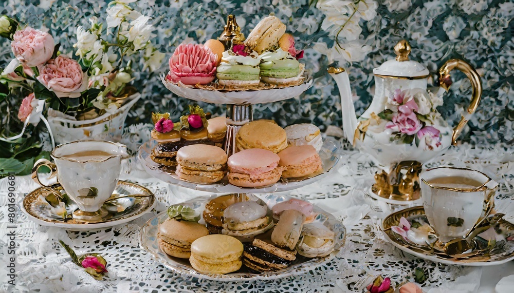 An assortment of delicate pastries and desserts, including macarons, eclairs, and fruit tart An assortment of delicate pastries and desserts, including macarons, eclairs, and fruit tart