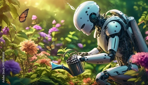 A humanoid robot with a green, leaf-patterned exterior, tending to a lush garden. 