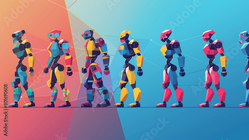Colorful  stylized robots interconnected on a vibrant  geometric background  representing advanced technology and connectivity.