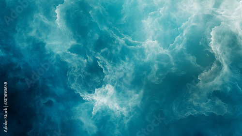 Aerial view of turbulent ocean waters  capturing the ethereal beauty of swirling blue tones and white sea foam  creating an abstract and dreamlike visual texture.