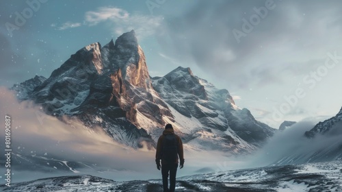 A man is walking on a snowy mountain with a backpack