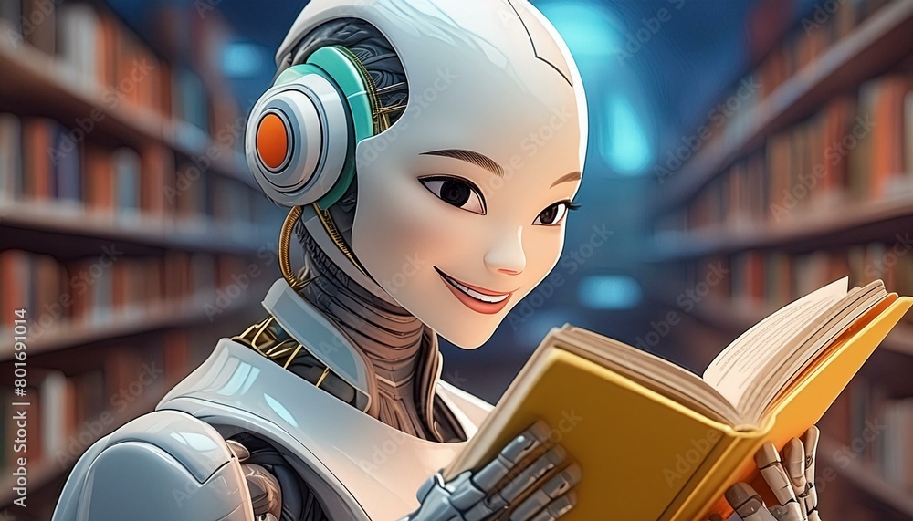 A book-loving humanoid robot, a gentle smile A book-loving humanoid robot, a gentle smile