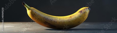 Here is a photo of a realistic banana. The banana is yellow and has brown spots. It is sitting on a brown table. The background is black.