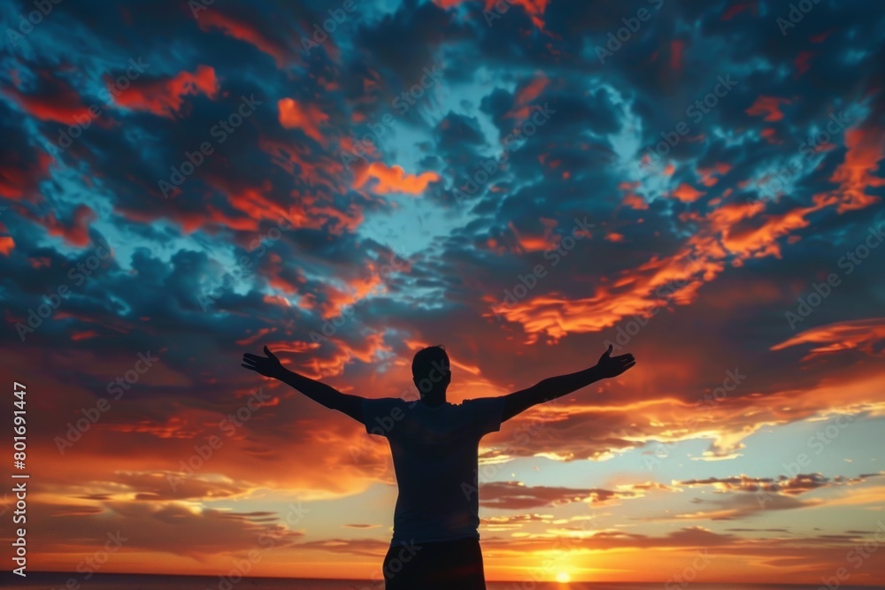 Fototapeta premium Fields of Radiance: A Man Standing in a Sunlit Field with the Setting Sun Behind Him.