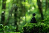 Forest Delight: A Tranquil Scene with a Small Figure Resting on a Mossy Rock in a Green Oasis.