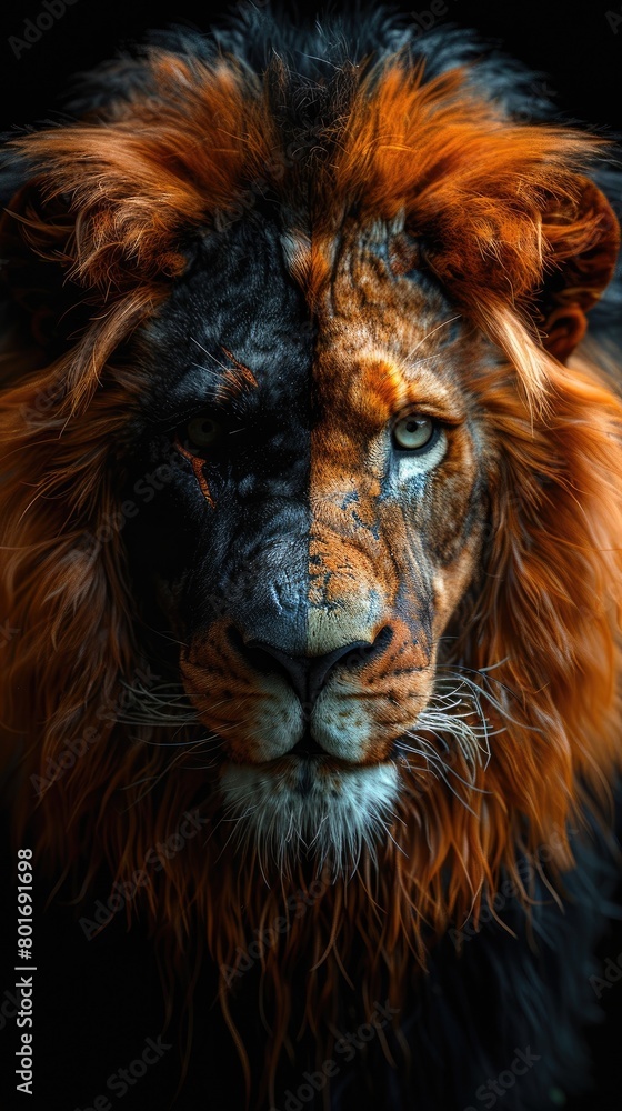 Fototapeta premium A close-up portrait of a lion with half of its face in shadow.