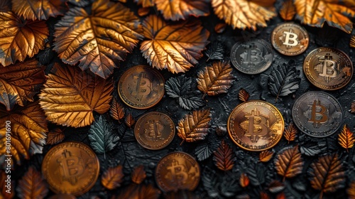A collection of copper bitcoins scattered on a bed of fallen leaves.