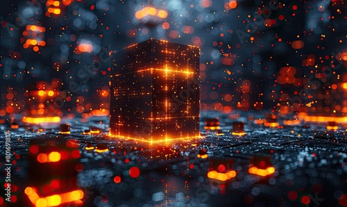 A glowing orange cube sits on a dark surface. Orange particles rain down from above and a few bright orange lights surround the cube.