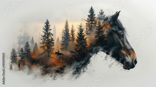 A horse's head in profile with a double exposure of a forest and two riders on horses in the background.
