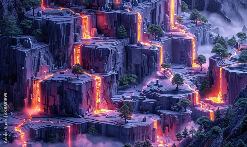 A lava flow carves its way through a rocky landscape, creating a dramatic and otherworldly scene. photo