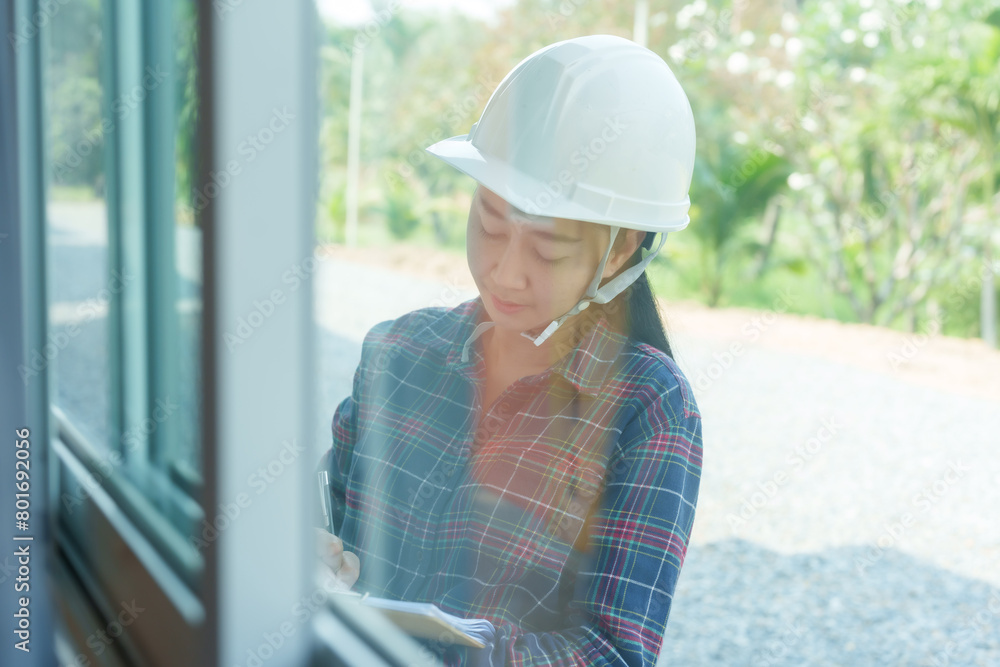 Asian woman in safety gear, writing on clipboard by window, concentration visible, sunlight filtering through, diligent, focused on task, professional, nspectors inspect the completed house.