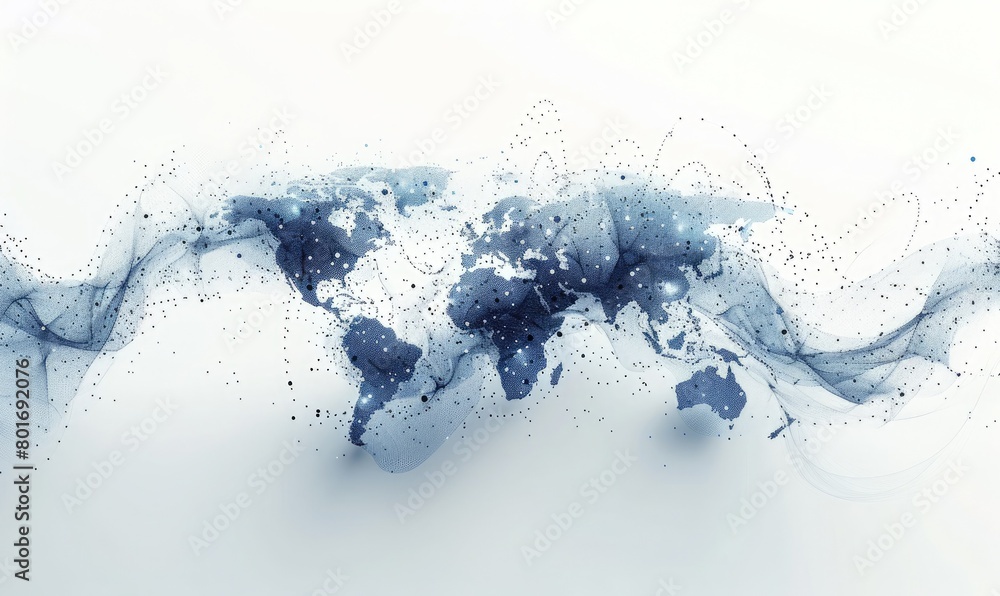 Obraz premium A world map made of glowing blue dots and lines on a white background.