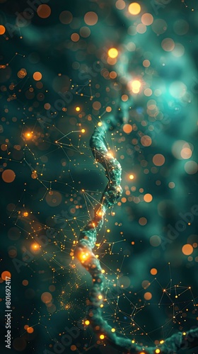 Teal glowing DNA helix with glowing particles