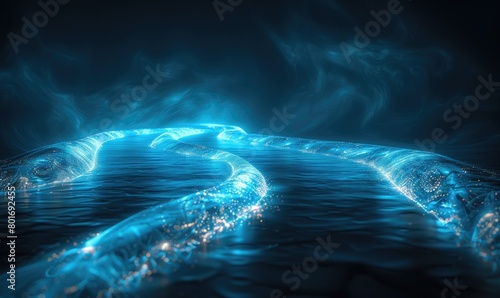 Underwater glowing blue electric eels photo