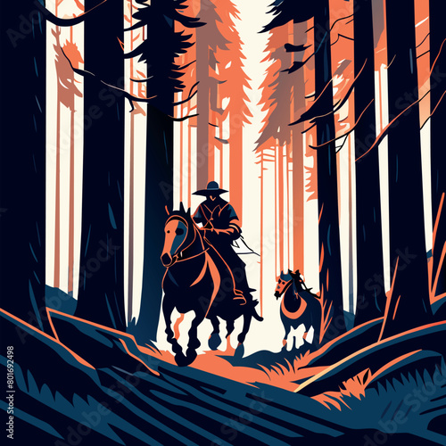 in the woods les benjamins style 2 galloping horses, vector illustration flat 2 photo