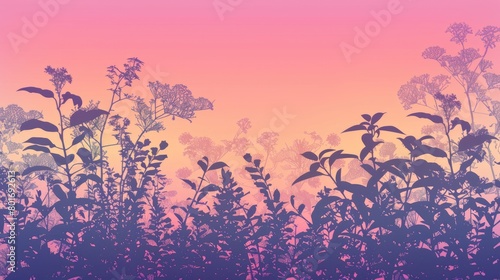 A row of tree silhouettes with twisted twigs against a pink and violet dusk sky  creating a serene natural landscape atmosphere AIG50