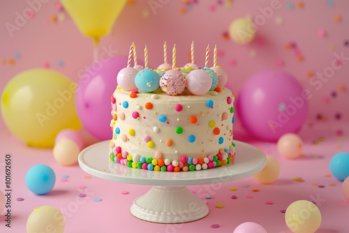 Cake with colorful balloons and confetti