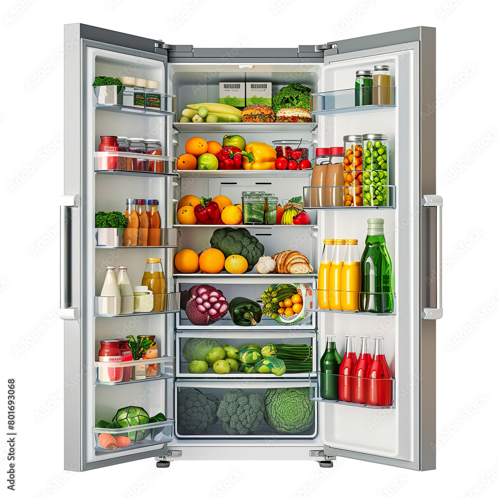modern refrigerator with door open, filled with very less different food, white background PNG modern refrigerator with door open, filled with very less different food, white background PNG