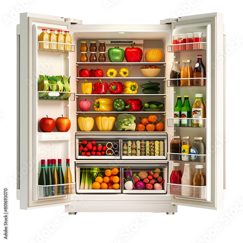Wallpaper Mural modern refrigerator with door open, filled with very less different food, white background PNG Torontodigital.ca