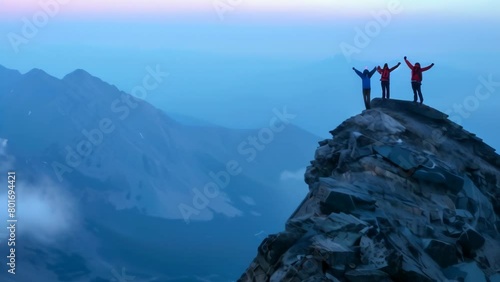 Three hikers stand victorious atop rocky outcropping, arms raised in celebration of successfully summiting mountain. Vast misty range stretches before them, softly lit by breaking dawn.  photo
