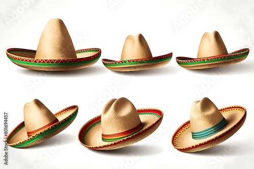 Set of Straw Mexican Sombrero isolated on white background.