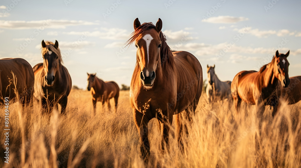 Fototapeta premium A herd of wild horses grazing in a protected natural reserve,