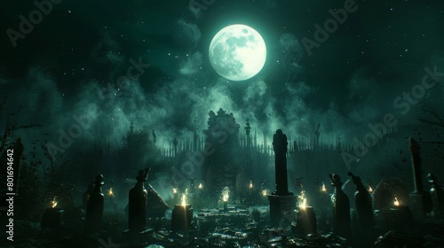 Underneath a full moon a circle of powerful sorcerers chant ancient incantations as they attempt to unlock the secrets of a forbidden . . photo