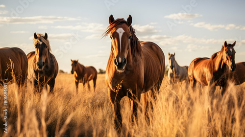 A herd of wild horses grazing in a protected natural reserve 