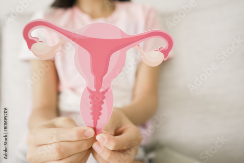 Preteen girl hands holding uterus, teen health, PCOS, first period concept photo