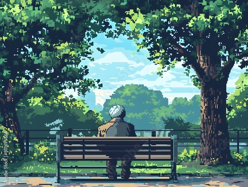 Elderly Person Enjoying Peaceful Moment on Park Bench Surrounded by Lush Greenery and Tranquil Pedestrian Flow