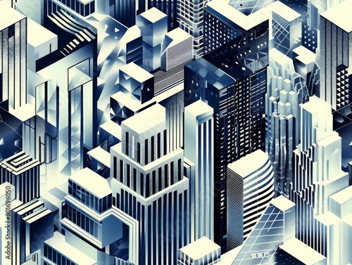 A futuristic cityscape of angular, modular architecture where skyscrapers form patterns like advanced fractal growth or cellular automata