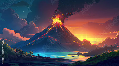 Volcanic Mountain In Eruption, natural disaster, cartoon style photo